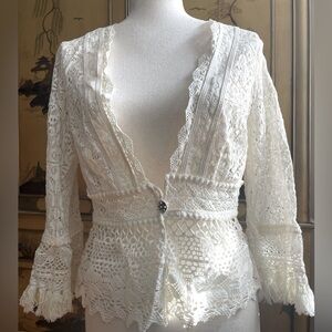 NANETTE LEPORE Anthropologie Ivory Crochet LACE FRINGE Bell Sleeve BOHO Top S